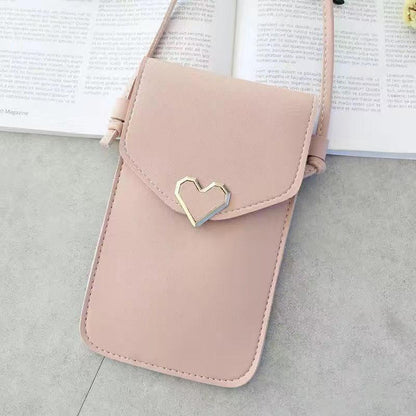 Women's mobile phone bag messenger bag 2024 mini heart-shaped metal decorative small mobile phone bag touch screen multi-function mobile phone bag shoulder small bag