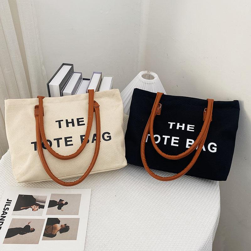 Canvas bag women's large capacity bag 2024 autumn and winter new fashion retro letter shoulder bag versatile portable shopping bag simple casual temperament large canvas bag women