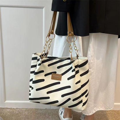 Canvas bag women's tote bag 2024 new fashion fashion shoulder bag large-capacity commuter shoulder bag striped canvas bag women