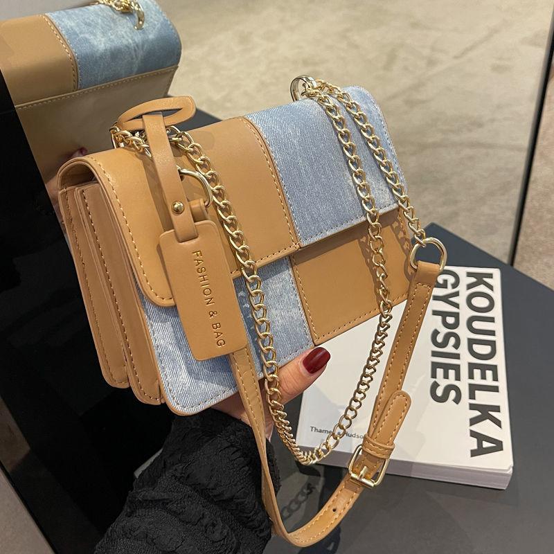 Small crowd design stitching color contrast small square bag 2024 Spring and Autumn New Versatile high-grade exquisite chain bag Leisure commuter messenger bag fashionable lovely women's bag