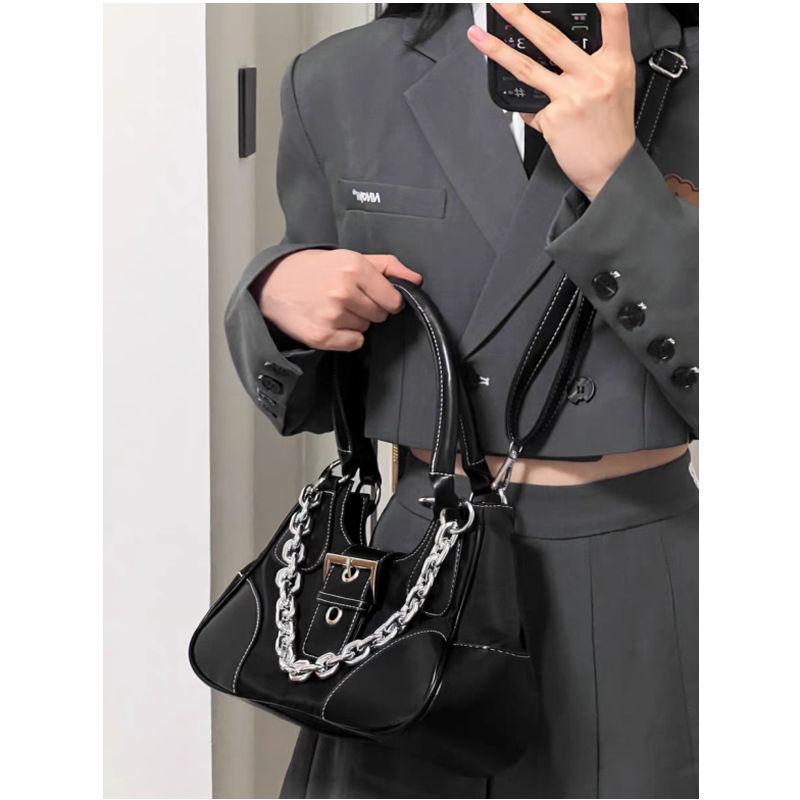 High-end underarm bag for women 2024 new personality nylon underarm bag patent leather canvas metal chain cool girl shoulder messenger bag high quality shoulder bag for women