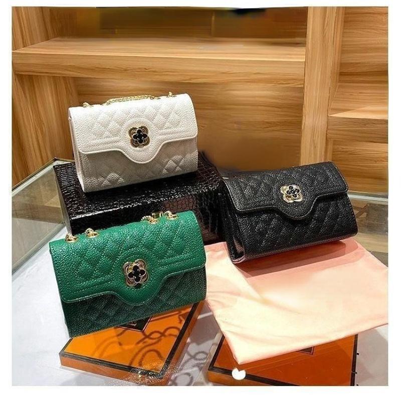 2024 Summer New Caviar Solid Chain Bag Commuting Versatile Small Square Bag Refined Fourleaf Grass Single Shoulder Bag Elegant Crossbody Bag Daily Leisure Handheld Women's Bag Premium