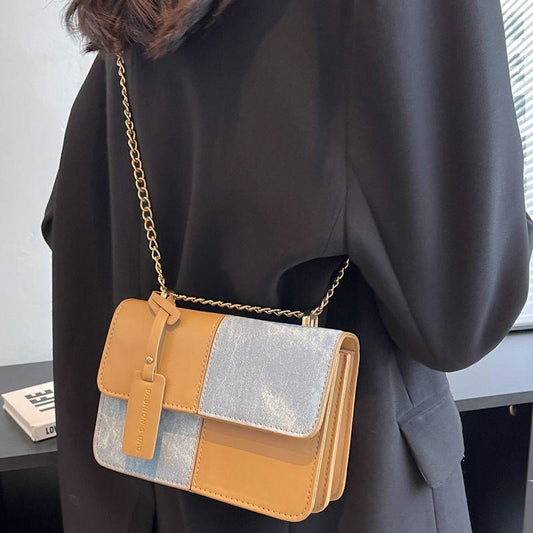 Small crowd design stitching color contrast small square bag 2024 Spring and Autumn New Versatile high-grade exquisite chain bag Leisure commuter messenger bag fashionable lovely women's bag