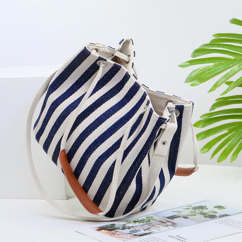 New women's bag canvas bucket bag striped shoulder bag diagonal multi-purpose bag Korean version fashion solid color mummy handbag