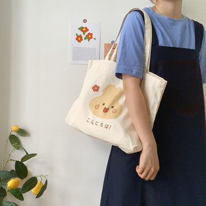 Cartoon canvas bag female 2024 new large-capacity canvas bag female Harajuku shoulder bag simple handbag canvas large bag student schoolbag