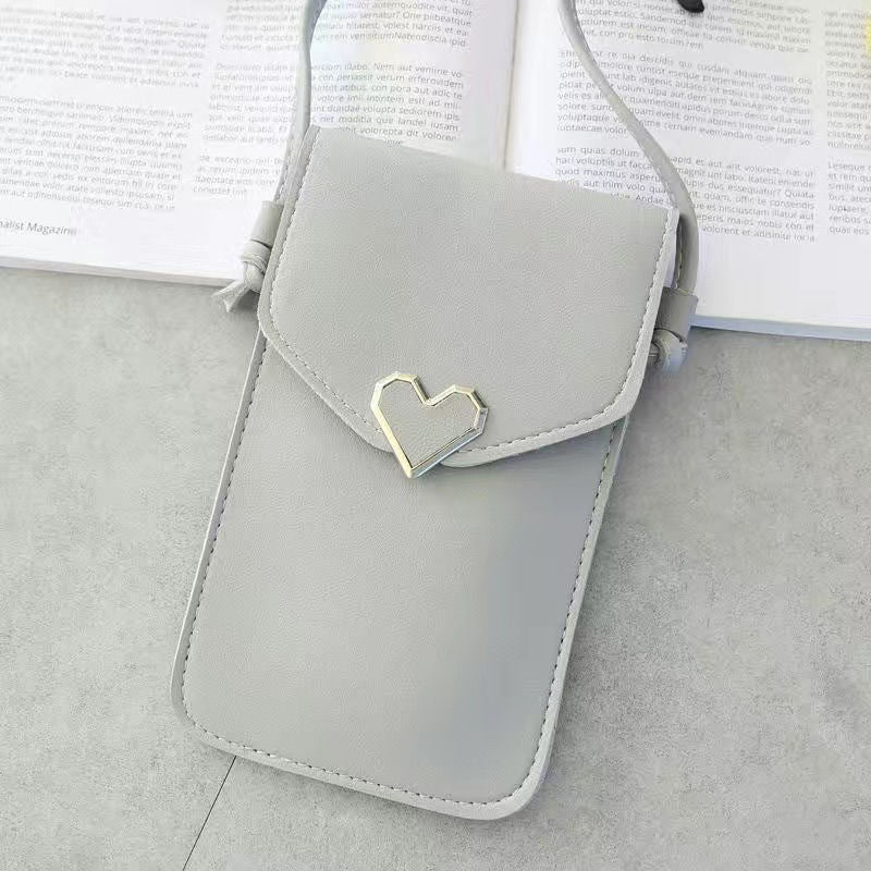 Women's mobile phone bag messenger bag 2024 mini heart-shaped metal decorative small mobile phone bag touch screen multi-function mobile phone bag shoulder small bag