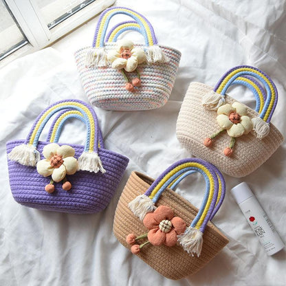 Korean Fashion Cotton Rope Casual Flower Decorative Handbag Net Red Versatile Cute Foreign Youth Filled Handbag Small Fresh Flowers Straw Woven Bag Rainbow Handle Tassel Decoration