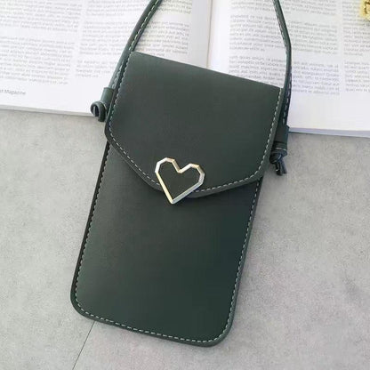 Women's mobile phone bag messenger bag 2024 mini heart-shaped metal decorative small mobile phone bag touch screen multi-function mobile phone bag shoulder small bag