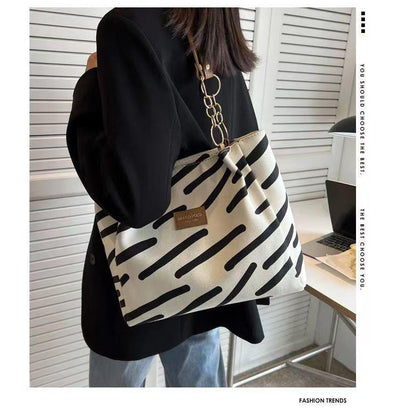 Canvas bag women's tote bag 2024 new fashion fashion shoulder bag large-capacity commuter shoulder bag striped canvas bag women