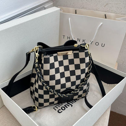 Fashion bucket bag High quality women's bag New advanced texture bucket bag Fashion leopard cross body bag Chessboard case handbag