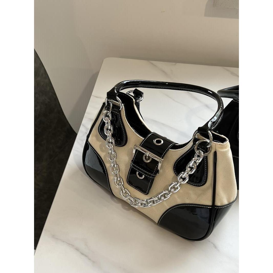 High-end underarm bag for women 2024 new personality nylon underarm bag patent leather canvas metal chain cool girl shoulder messenger bag high quality shoulder bag for women