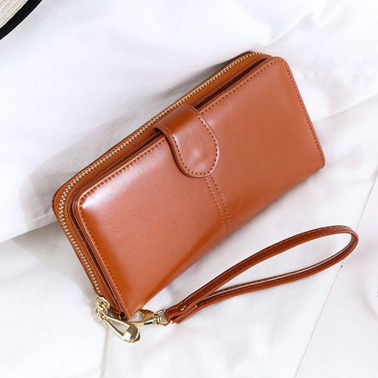 Women's long wallet, European and American fashion, large capacity wallet, student wallet, girl's wax leather zipper buckle wallet, large capacity girl's wallet