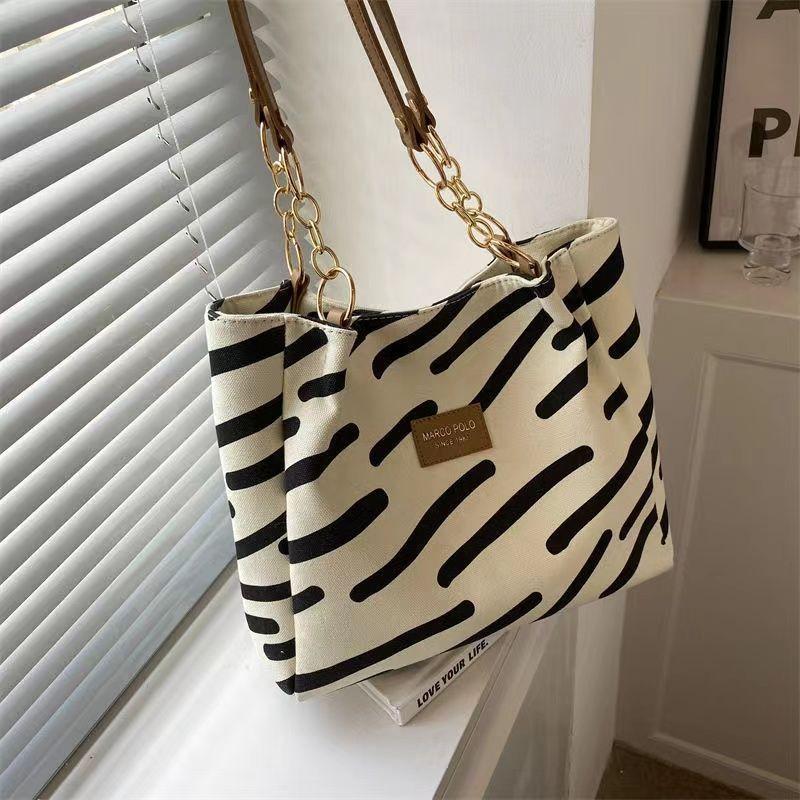 Canvas bag women's tote bag 2024 new fashion fashion shoulder bag large-capacity commuter shoulder bag striped canvas bag women