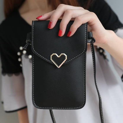 Women's mobile phone bag messenger bag 2024 mini heart-shaped metal decorative small mobile phone bag touch screen multi-function mobile phone bag shoulder small bag