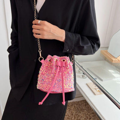 Personalized sequin bucket bag shoulder bag for women 2024 new ins net red versatile sequin bucket bag chain strip bungee bag one shoulder cross body bag