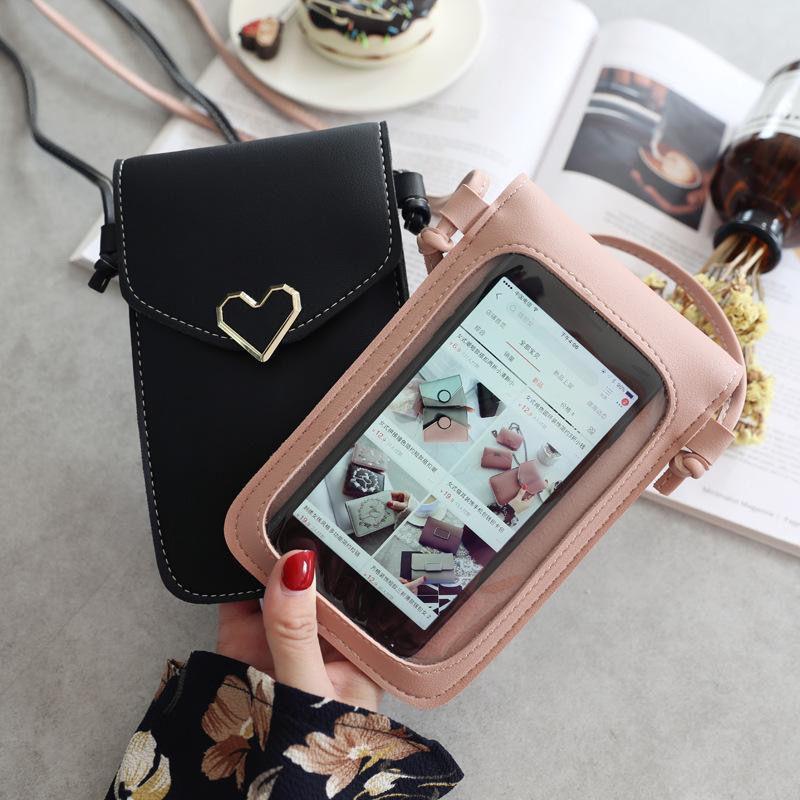 Women's mobile phone bag messenger bag 2024 mini heart-shaped metal decorative small mobile phone bag touch screen multi-function mobile phone bag shoulder small bag