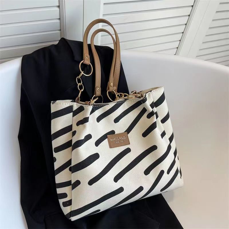 Canvas bag women's tote bag 2024 new fashion fashion shoulder bag large-capacity commuter shoulder bag striped canvas bag women