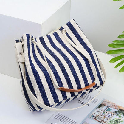 New women's bag canvas bucket bag striped shoulder bag diagonal multi-purpose bag Korean version fashion solid color mummy handbag