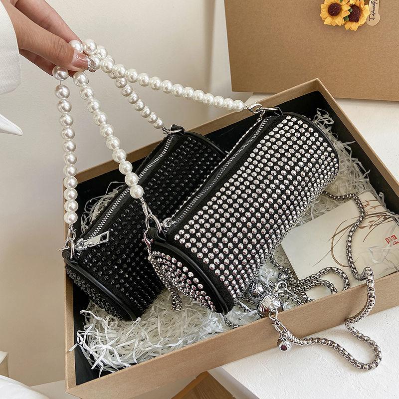 Diamond Bag Women 2024 New Cylindrical Bag Crossbody Bag Versatile Boston One Shoulder Crossbody Bag Women's Fashion Pillow Bag