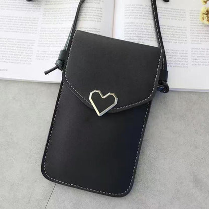 Women's mobile phone bag messenger bag 2024 mini heart-shaped metal decorative small mobile phone bag touch screen multi-function mobile phone bag shoulder small bag