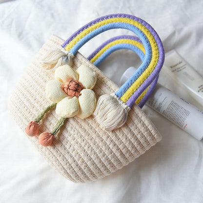 Korean Fashion Cotton Rope Casual Flower Decorative Handbag Net Red Versatile Cute Foreign Youth Filled Handbag Small Fresh Flowers Straw Woven Bag Rainbow Handle Tassel Decoration