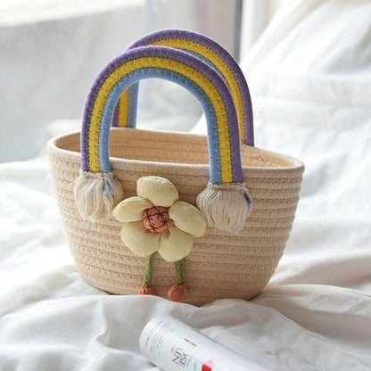 Korean Fashion Cotton Rope Casual Flower Decorative Handbag Net Red Versatile Cute Foreign Youth Filled Handbag Small Fresh Flowers Straw Woven Bag Rainbow Handle Tassel Decoration