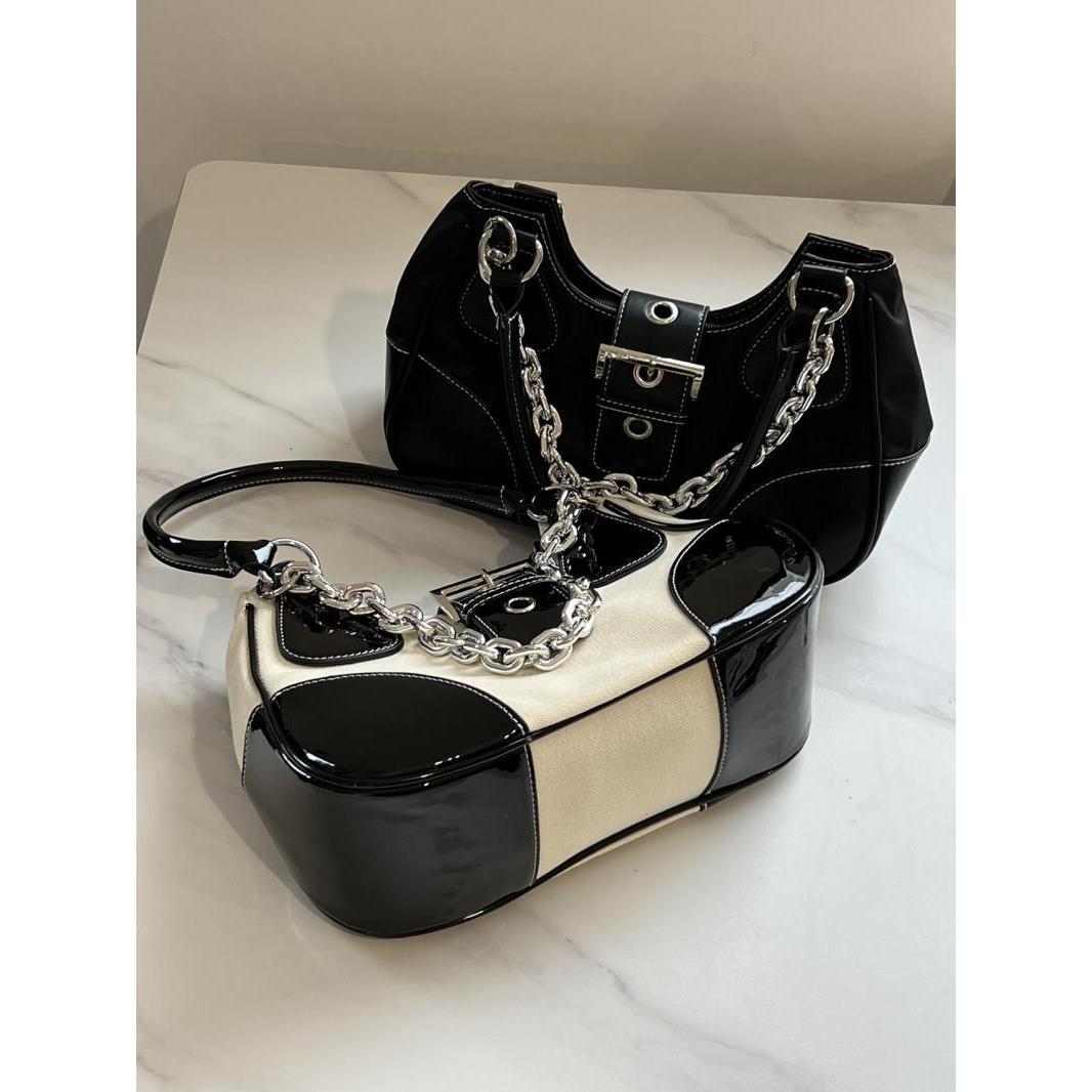 High-end underarm bag for women 2024 new personality nylon underarm bag patent leather canvas metal chain cool girl shoulder messenger bag high quality shoulder bag for women