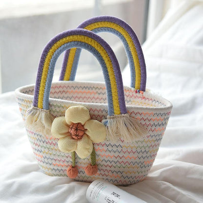 Korean Fashion Cotton Rope Casual Flower Decorative Handbag Net Red Versatile Cute Foreign Youth Filled Handbag Small Fresh Flowers Straw Woven Bag Rainbow Handle Tassel Decoration