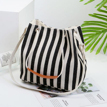 New women's bag canvas bucket bag striped shoulder bag diagonal multi-purpose bag Korean version fashion solid color mummy handbag