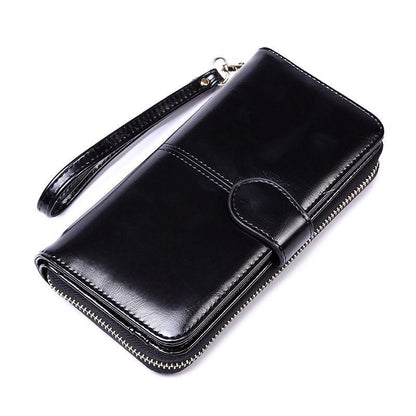 Women's long wallet, European and American fashion, large capacity wallet, student wallet, girl's wax leather zipper buckle wallet, large capacity girl's wallet