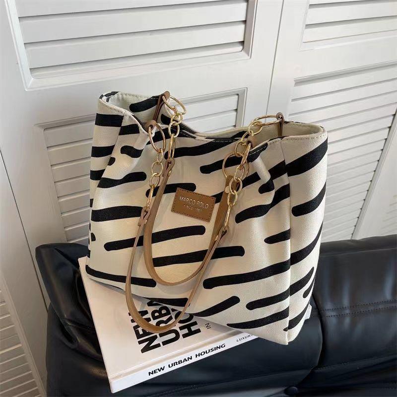 Canvas bag women's tote bag 2024 new fashion fashion shoulder bag large-capacity commuter shoulder bag striped canvas bag women